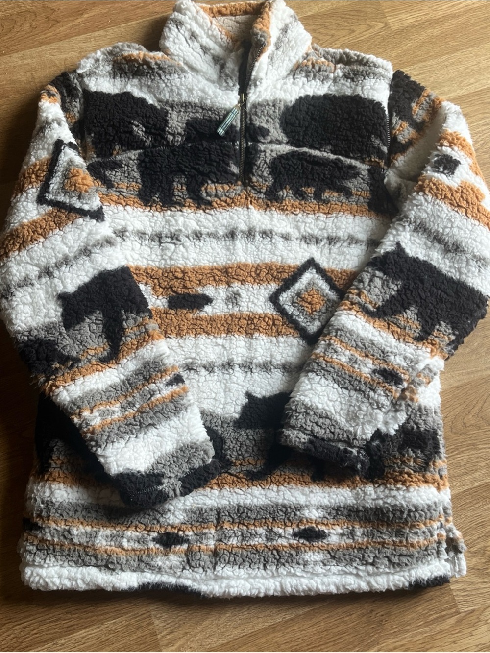 Plush Sherpa Turtleneck Pullover - White, Black & Tan